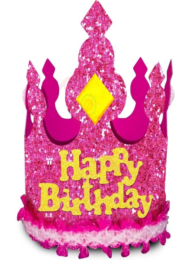 Propsicle Pink Glittery Happy Birthday Paper Cap Crown for Girls Party Decoration Hat Accessory (Pack of 1) - Image 1